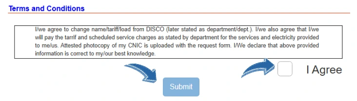 Change of Name on LESCO Bill 5 Terms and conditions and submit button image